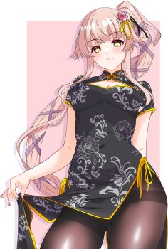 1girl absurdres arm_behind_back black_dress black_pantyhose blush bow breasts china_dress chinese_clothes cleavage_cutout clothing_cutout covered_navel dress highres long_hair looking_at_viewer medium_breasts nitamako_(sakamalh) original pantyhose pink_background pink_hair purple_bow short_sleeves side_ponytail smile solo thighband_pantyhose two-tone_background very_long_hair white_background yellow_eyes
