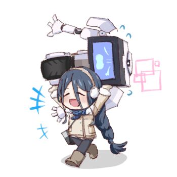 +++ 1girl :d absurdly_long_hair aris_(blue_archive) aris_(winter)_(blue_archive) arms_up bag black_hair black_pantyhose blue_archive blue_scarf blush boots braid brown_boots brown_coat brown_mittens buttons carrying chibi chibi_only closed_eyes coat commentary earmuffs eyes_visible_through_hair flying_sweatdrops full_body fur-trimmed_coat fur-trimmed_sleeves fur_trim hair_between_eyes halo happy highres karen_neco kei_(amas)_(blue_archive) long_bangs long_hair long_hair_between_eyes long_sidelocks long_sleeves mittens mouth_visible_through_hair non-humanoid_robot official_alternate_costume official_alternate_hairstyle open_mouth pantyhose pink_halo pocket rectangular_halo robot scarf screen shadow shoulder_bag sidelocks simple_background single_braid skirt smile symbol-only_commentary very_long_hair walking wavy_mouth white_background white_skirt winter_clothes winter_coat