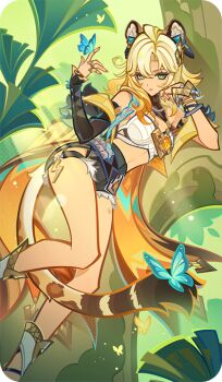 1girl animal_ear_fluff animal_ears arm_support bad_source blonde_hair bug butterfly butterfly_on_hand butterfly_on_tail denim denim_shorts detached_sleeves genshin_impact hand_up insect jaguar_ears jaguar_girl jaguar_tail long_hair looking_at_viewer lying multicolored_hair official_art on_side outdoors short_shorts shorts single_detached_sleeve solo stomach sunlight tail xilonen_(genshin_impact)