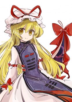Rule 34 | 1girl, blonde hair, closed mouth, commentary request, dress, gap (touhou), hair between eyes, hair ribbon, hat, highres, long hair, long sleeves, looking at viewer, mob cap, purple tabard, ribbon, smile, solo, tabard, tama (hiroshige 36), touhou, white background, white dress, yakumo yukari, yellow eyes