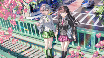 2girls absurdres al_guang bag bang_dream! bang_dream!_it's_mygo!!!!! black_hair black_jacket black_socks breasts bridge brown_eyes car cherry_blossoms commentary_request crosswalk green_necktie green_skirt green_socks grey_hair highres holding_hands jacket lens_flare long_hair looking_at_viewer medium_breasts mole mole_on_cheek motor_vehicle multiple_girls mygo!!!!!_(bang_dream!) necktie open_mouth pedestrian_bridge pleated_skirt purple_eyes red_necktie red_skirt road school_bag shiina_taki short_hair skirt smile socks standing street takamatsu_tomori white_jacket