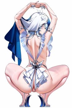 1girl absurdres anus armlet arms_up ass ateoyh back blue_hair blue_nails blue_veil breasts cleft_of_venus closed_mouth commentary fingernails from_behind full_body heel-less_heels highres jewelry long_hair looking_at_viewer looking_back median_furrow medium_breasts nail_polish no_panties paid_reward_available profile purple_eyes pussy pussy_juice revealing_clothes shorekeeper_(wuthering_waves) shoulder_blades sideways_glance simple_background solo squatting sweat thighs two-tone_veil veil white_background white_veil wuthering_waves