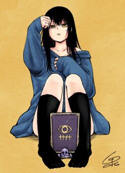 1girl black_hair black_socks blue_hoodie blue_jacket convenient_censoring highres hood hoodie izumi_(toubun_kata) jacket knees_up long_hair long_sleeves looking_at_viewer mieruko-chan oversized_clothes signature simple_background sitting sleeves_past_wrists socks solo yellow_eyes yotsuya_miko