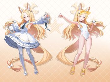 1girl animal_ear_fluff animal_ears arm_up armpits bare_legs bird bird_on_hand black_necktie blonde_hair blue_archive blue_necktie blush bow breasts closed_mouth covered_navel cross_halo detached_sleeves diamond_cutout dress ear_ornament ear_wreath extra_ears feet flower fox_ears fox_girl fox_tail frilled_dress frills full_body gluteal_fold gradient_eyes hair_flower hair_ornament half-closed_eyes halo hand_up highleg highleg_one-piece_swimsuit highres kottungyang loli long_hair long_sleeves looking_at_viewer multicolored_eyes necktie no_eyewear no_jacket official_alternate_costume one-piece_swimsuit open_mouth outstretched_arm pantyhose puffy_long_sleeves puffy_sleeves sandals seia_(blue_archive) seia_(swimsuit)_(blue_archive) shoes side_ponytail sidelocks sleeve_bow sleeves_past_fingers sleeves_past_wrists small_breasts smile split_mouth standing star_(symbol) striped_clothes striped_pantyhose swimsuit tail tail_bow tail_ornament thighs tit_(bird) toes vertical-striped_clothes vertical-striped_pantyhose very_long_hair very_long_tail visor_cap white_bow white_dress white_one-piece_swimsuit white_pantyhose white_shoes white_sleeves yellow_bow yellow_halo yellow_sandals yellow_visor