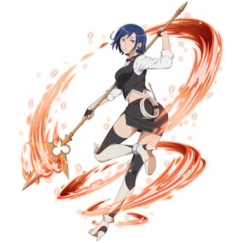 Rule 34 | 1girl, anime coloring, belt, black gloves, black skirt, black thighhighs, black vest, blue eyes, blue hair, boots, bow, bowtie, breasts, cropped vest, danmachi memoria freese, dungeon ni deai wo motomeru no wa machigatteiru darou ka, earrings, fingerless gloves, from behind, full body, game cg, gloves, grey boots, half gloves, holding, holding polearm, holding weapon, jewelry, looking at viewer, looking back, medium breasts, miniskirt, official alternate costume, official art, parted lips, pencil skirt, polearm, red belt, red bow, red bowtie, shakti varma, shirt, short hair, skirt, solo, standing, thighhighs, third-party source, two-handed, vest, weapon, whip, white shirt