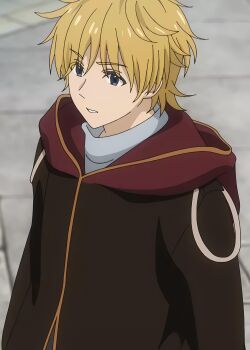 1boy absurdres angry artist_request blonde_hair curve_(unnamed_memory) grey_background grey_eyes grey_shirt highres jacket male_focus open_mouth shirt teeth unnamed_memory upper_body