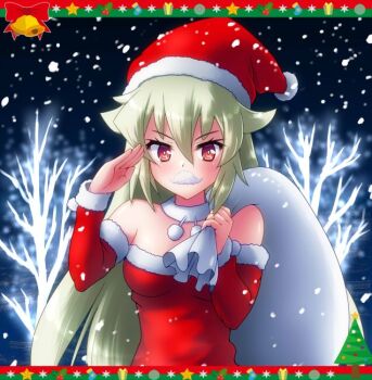 1girl arcana_heart arcana_heart_3 blush breasts carrying_over_shoulder christmas dress facial_hair fake_facial_hair fake_mustache fur-trimmed_dress fur-trimmed_headwear fur_trim hair_between_eyes hat holding holding_sack kasabou long_hair looking_at_viewer medium_breasts mustache red_eyes sack salute santa_costume santa_hat snowflake_background weiss_(arcana_heart) white_hair