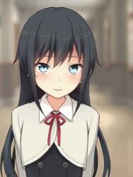 1girl animated asashio_(kancolle) asashio_kai_ni_(kancolle) black_hair blue_eyes dress female_focus indoors interior kantai_collection long_hair long_sleeves looking_at_viewer lowres nagami_yuu neck_ribbon pinafore_dress red_ribbon ribbon school_uniform sleeveless sleeveless_dress smile solo tagme upper_body video