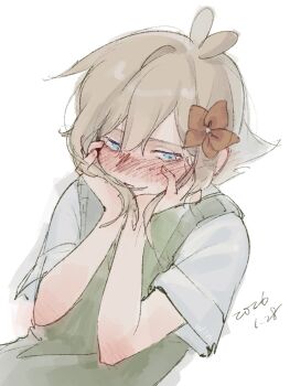 1boy antenna_hair basil_(faraway)_(omori) basil_(omori) blush closed_mouth collared_shirt commentary_request dated double-parted_bangs flower green_sweater_vest hair_between_eyes hair_flower hair_ornament hashtag-only_commentary highres looking_at_viewer male_focus o51515o omori shirt short_hair short_sleeves sidelocks simple_background sketch solo sweater_vest upper_body white_background white_shirt