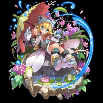 1girl animal_hood aqua_eyes black_background blonde_hair blue_gloves blue_hood blush closed_mouth cup flat_chest flipped_hair flower frog frog_girl full_body gloves highres holding holding_cup holding_umbrella hood hydrangea kickel_(merc_storia) leaf long_sleeves lotus merc_storia merc_storia_art_team motion_lines official_art overalls pink_flower shirt simple_background smile socks solo standing tachi-e umbrella water white_shirt white_socks