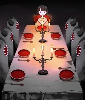 1girl black_hair bowl candle candlestand chair commentary_request expressionless fire food highres horns jitome kodama_madako monster original sharp_teeth short_hair soup spoon table tablecloth teeth