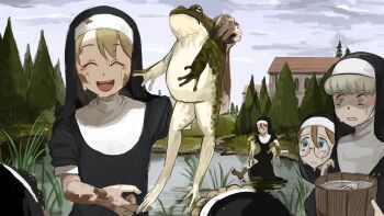 4girls ^_^ barefoot blonde_hair blue_eyes brown_hair bucket building closed_eyes clumsy_nun_(diva) day dirty dirty_clothes dirty_face diva_(hyxpk) frog froggy_nun_(diva) glasses glasses_nun_(diva) grass habit highres little_nuns_(diva) long_hair looking_at_another mud multiple_girls nun original outdoors path pond reeds road round_eyewear sheep_nun_(diva) slice_of_life smile sweat sweatdrop traditional_nun tree wading water wet wooden_bucket