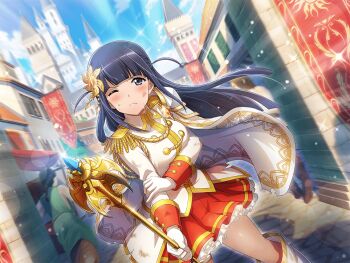 Rule 34 | 1girl, blue eyes, blue hair, blunt bangs, blunt ends, bruise, bruise on face, building, cape, closed mouth, epaulettes, frilled skirt, frills, frown, game cg, hair ornament, holding, holding mace, holding weapon, injury, jacket, long hair, long sleeves, looking at viewer, mace, motion blur, official art, one eye closed, red skirt, shoujo kageki revue starlight, shoujo kageki revue starlight -re live-, single epaulette, skirt, solo, standing, sweat, tsuyuzaki mahiru, upper body, weapon, white cape, white jacket