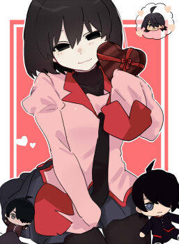 Rule 34 | 1girl, :3, absurdres, araragi koyomi, black eyes, black hair, black necktie, black pantyhose, black shirt, black skirt, blush, bob cut, border, bow, box, box of chocolates, breasts, character doll, chocolate, closed mouth, collared shirt, commentary, covered collarbone, doll, dress shirt, empty eyes, food, gift, hair between eyes, head tilt, heart, heart-shaped box, highres, holding, holding box, holding chocolate, holding food, holding gift, juliet sleeves, light blush, light smile, long sleeves, monogatari (series), naoetsu high school uniform, narrowed eyes, necktie, on ground, oshino ougi, outside border, pale skin, pantyhose, pink shirt, puffy long sleeves, puffy sleeves, red background, red bow, red ribbon, red trim, ribbon, school uniform, shirt, short hair, sitting, skirt, sleeves past fingers, sleeves past wrists, small breasts, smile, solo, speech bubble, spoken character, thigh gap, thought bubble, tsugumi (tgm 615486), turtleneck, untranslatable commentary, valentine, wariza, white border