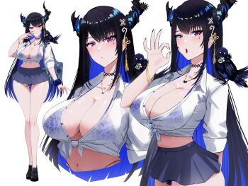 Rule 34 | 1girl, :o, absurdres, animal, animal on shoulder, animal print, asymmetrical horns, bimbofication, bird, bird on shoulder, black choker, black hair, black nails, blue bra, blue hair, bra, bra visible through clothes, breasts, choker, cleavage, collarbone, crop top, dadangge, demon horns, fellatio gesture, gyaru, hair ornament, heart pendant, highres, hololive, hololive english, horns, large breasts, leopard print, leopard print bra, long hair, looking at viewer, midriff, mole, mole under eye, multicolored hair, multiple views, navel, nerissa ravencroft, print bra, purple eyes, scrunchie, shadow (nerissa ravencroft), shirt, simple background, stomach, tally, tassel, tassel hair ornament, thighs, tied shirt, two-tone hair, underwear, uneven horns, very long hair, virtual youtuber, white background, wrist scrunchie
