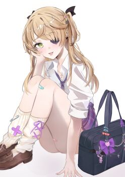 1girl :p ass bag bandaid bandaid_on_leg brown_hair brown_shoes closed_mouth collared_shirt commentary_request eyepatch fischl_(genshin_impact) genshin_impact green_eyes highres knees_up loafers long_hair looking_at_viewer mochi_nabe necktie one_side_up piercing plaid_clothes plaid_skirt pleated_skirt purple_necktie purple_skirt school_bag school_uniform shirt shoes simple_background sitting skirt smile socks solo tongue tongue_out tongue_piercing white_background white_shirt white_socks