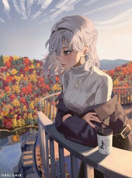 1girl absurdres artist_name black_nails breasts commentary_request cup disposable_coffee_cup disposable_cup grey_eyes grey_hair hair_intakes hani_haya highres jewelry long_hair long_sleeves medium_breasts necklace original outdoors parted_lips railing ribbed_sweater solo sweater tree turtleneck turtleneck_sweater white_sweater