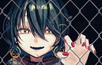 1boy black_hair blonde_hair bob_cut chain-link_fence disembodied_eye earrings fangs fence hair_between_eyes hand_up hashtag-only_commentary highres hoop_earrings jewelry l3memc358 looking_at_viewer male_focus mashiro_meme mashiro_meme_(1st_costume) nijisanji open_mouth portrait red_nails safety_pin safety_pin_hair_ornament short_hair smile two_side_up virtual_youtuber