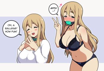 Rule 34 | 1girl, absurdres, arm behind back, ball gag, blonde hair, blue eyes, blush, bow, bow bra, bow panties, bra, breasts, cleavage, closed eyes, collarbone, commentary, cowboy shot, english commentary, english text, gag, gagged, heart, highres, jam-orbital, k-on!, kotobuki tsumugi, large breasts, leaning forward, long hair, multiple views, navel, open mouth, panties, simple background, speech bubble, thick eyebrows, underwear, underwear only, v