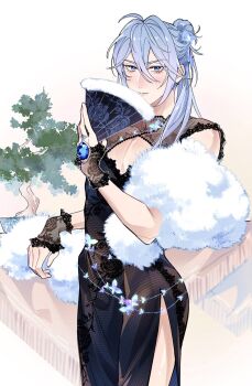 Rule 34 | 1boy, ahoge, alternate costume, alternate hairstyle, arm rest, black dress, black flower, black rose, blue butterfly, blue eyes, blue gem, blue hair, blush, bonsai, bug, butterfly, china dress, chinese clothes, cowboy shot, crossdressing, crossdressing (mtf), dress, edmond (nu carnival), fingerless gloves, floral dress, flower, fur-trimmed fan, fur shawl, gem, gloves, hair between eyes, hair bun, hair over shoulder, hand fan, hand up, highres, hip bones, holding, holding fan, insect, jewelry, lace, lace-trimmed dress, lace gloves, lace trim, looking at viewer, male focus, nu carnival, pectoral cleavage, pectorals, ponytail, pursed lips, ring, rose, see-through collar, shawl, side slit, single hair bun, single hair intake, solo, v-shaped eyebrows, white shawl, your yanjiu
