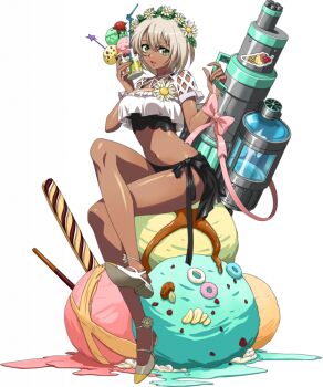 1girl black_bra black_sarong bra crossed_legs cup dark-skinned_female dark_skin donut drinking_glass drinking_straw flower flower_wreath food full_body game_cg green_eyes grey_hair hair_between_eyes hair_flower hair_ornament holding holding_cup holding_water_gun ice_cream langrisser langrisser_mobile legs looking_at_viewer medium_hair melting_ice_cream navel official_alternate_costume official_art open_mouth oversized_object pink_ribbon ribbon sarong shiny_skin shirt shoes simple_background sitting smile solo sprinkles sticker stomach sunflower sunflower_hair_ornament suzette_(langrisser) swimsuit syrup tachi-e third-party_source transparent_background underwear wafer_stick water_gun white_shirt white_shoes