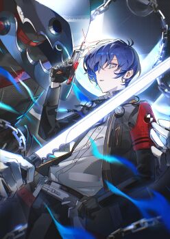 Rule 34 | 1boy, absurdres, armband, belt, black gloves, black jacket, black pants, black ribbon, blue eyes, blue hair, chain, clar sona, collared shirt, evoker, gekkoukan high school uniform, gloves, gun, hair between eyes, hair over one eye, hashtag-only commentary, highres, holding, holding gun, holding weapon, jacket, long sleeves, looking at viewer, male focus, neck ribbon, open clothes, open jacket, pants, parted lips, persona, persona 3, red armband, ribbon, school uniform, shirt, thanatos (persona), weapon, white shirt, yuuki makoto (persona 3)