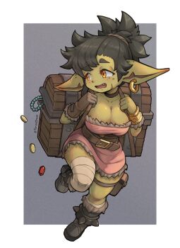 1girl arms_up artist_name bandaged_leg bandages belt black_hair black_shoes border bracelet breasts choker cleavage coin colored_skin commentary dress earrings english_commentary fang female_goblin full_body fur-trimmed_dress fur-trimmed_gloves fur-trimmed_shoes fur_trim gem gloves goblin gold_bracelet gold_ring green_skin grey_background hair_tie highres holding_strap hoop_earrings jewelry large_breasts leather leather_choker looking_back minette_(tenescross) necklace original pearl_necklace pink_dress ponytail pouch scar scar_on_face shoes shortstack single_earring single_glove solo spiked_anklet tenescross thief thigh_pouch treasure_chest white_border wide_hips yellow_eyes