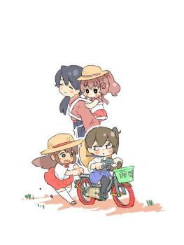 4girls aged_down akagi_(kancolle) babywearing bad_id bad_twitter_id bicycle black_eyes black_hair black_thighhighs blue_skirt blush brown_hair carrying child full_body hair_over_shoulder hat hat_on_back houshou_(kancolle) japanese_clothes jibakurei_(elite_unchi) jitome kaga_(kancolle) kantai_collection kimono long_hair multiple_girls piggyback playing ponytail red_kimono red_skirt riding riding_bicycle running short_hair side_ponytail simple_background skirt smile straw_hat thighhighs white_background white_thighhighs yamato_(kancolle) yurie_mouth