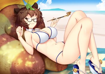 Rule 34 | 1girl, :3, animal ears, beach, beach mat, bikini, black-framed eyewear, blue sky, breasts, brown eyes, brown hair, cleavage, flip-flops, futatsuiwa mamizou, glasses, hataraki kuma, holding, holding smoking pipe, kiseru, large breasts, leaf, leaf on head, outdoors, platform sandals, raccoon ears, raccoon girl, raccoon tail, sand, sandals, semi-rimless eyewear, short hair, sky, smoking, smoking pipe, solo, swimsuit, tail, toes, touhou, under-rim eyewear, white bikini