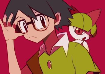 1boy :o absurdres adjusting_eyewear black_hair closed_mouth collared_shirt commentary_request gen_3_pokemon glasses green_shirt highres male_focus max_(pokemon) nintendo open_mouth ottoyamaotoko8 pokemon pokemon_(anime) pokemon_(creature) pokemon_rse_(anime) ralts red_background red_eyes shirt short_hair short_sleeves simple_background
