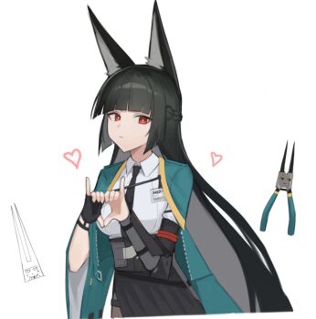 1girl animal_ears bajigurr comically_large_ears black_gloves black_hair black_necktie black_skirt closed_mouth cowboy_shot dress_shirt expressionless fingerless_gloves fox_ears fox_girl gloves green_jacket high-waist_skirt highres hoshimi_miyabi jacket long_hair looking_at_viewer meme necktie needle-nose_pliers pliers red_eyes shirt simple_background single_fingerless_glove skirt solo tools white_background white_shirt zenless_zone_zero