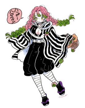 1girl animal animal_around_neck bandages basket blush braid breasts cleavage colored_skin commentary demon_slayer_uniform emamemamo33 full_body gradient_hair green_eyes green_hair halloween_costume haori happy_halloween highres holding holding_basket iguro_obanai japanese_clothes kanroji_mitsuri kimetsu_no_yaiba large_breasts long_hair long_sleeves multicolored_hair pink_hair signature simple_background snake snake_wrapped_around_neck solo speech_bubble striped_haori translated twin_braids two-tone_hair white_background white_skin white_snake wicker_basket