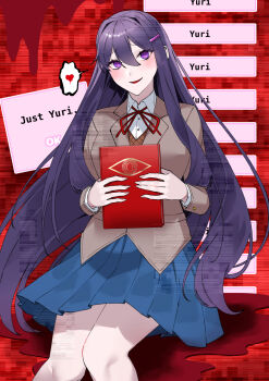 Rule 34 | 1girl, :d, blazer, blood, blue skirt, book, collared shirt, cowboy shot, doki doki literature club, english text, glitch, grey jacket, hair between eyes, heart, highres, holding, holding book, jacket, long hair, long sidelocks, looking at viewer, mosaic background, neck ribbon, open mouth, orange vest, pool of blood, purple eyes, purple hair, ribbon, shirt, sidelocks, skirt, smile, solo, spoken heart, tyaaaaaaba, vest, white shirt, yuri (doki doki literature club)