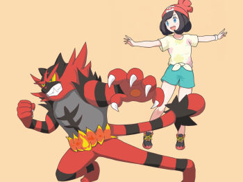 1girl black_hair blue_eyes bob_cut child claws clenched_hand eyelashes flat_chest floral_print full_body gen_7_pokemon green_shorts happy hat highres incineroar knees legs looking_to_the_side marunouchi_yaesu medium_hair nintendo open_mouth orange_background outstretched_arms pokemon pokemon_(creature) pokemon_sm red_hat selene_(pokemon) shirt shoes short_shorts short_sleeves shorts sidelocks simple_background sneakers spread_arms standing swept_bangs t-shirt tied_shirt tiptoes turning_head yellow_shirt z-ring