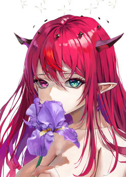 1girl absurdres aqua_eyes black_horns breasts collarbone commentary covered_mouth demon_horns double-parted_bangs double_halo earrings eyelashes flower flower_over_mouth hair_between_eyes halo heterochromia highres holding holding_flower hololive horns iris_(flower) irys_(hololive) jewelry large_breasts long_bangs looking_at_viewer name_connection nonekong nude object_namesake pointy_ears purple_flower red_hair simple_background small_horns solo star-shaped_pupils star_(symbol) symbol-shaped_pupils upper_body virtual_youtuber white_background