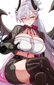 Rule 34 | 0nineo9, 1girl, absurdres, bat wings, black choker, black thighhighs, blush, breasts, choker, colored extremities, commentary, crossed legs, demon horns, english commentary, fate/grand order, fate (series), gradient hair, green eyes, heart, highres, horns, jacket, large breasts, licking lips, lilith (fate), lilith (over the same sky) (fate), long hair, multicolored hair, neck tattoo, pencil skirt, ponytail, pubic tattoo, skirt, smile, solo, tattoo, textless version, thighhighs, tongue, tongue out, very long hair, white hair, wings