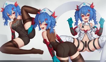 1girl :d :p absurdres afrotunaart arm_around_leg arms_behind_back ass bare_shoulders bent_over between_legs blue_gloves blush bodysuit boots braid breasts censored claw_pose colphne_(girls&#039;_frontline_2) colphne_(silent_heart)_(girls&#039;_frontline_2) convenient_censoring covered_navel from_behind girls&#039;_frontline girls&#039;_frontline_2:_exilium gloves hair_between_eyes hair_ornament hair_ribbon hairclip hand_between_legs hands_up hat highres jacket leaning_forward leg_up looking_at_viewer looking_back maebari medium_hair multiple_thigh_straps multiple_views naked_jacket navel nipple_slip nipples nurse_cap off-shoulder_jacket off_shoulder open_clothes open_jacket open_mouth petite presenting pussy red_ribbon ribbon seductive_smile see-through_bodysuit see-through_clothes skin_tight small_breasts smile smug solo spread_legs spread_pussy spread_pussy_under_clothes spreading_own_pussy stethoscope stethoscope_around_neck thigh_boots thigh_strap thighhighs thighs tongue tongue_out twin_braids twintails uncensored unzipped w_arms white_jacket