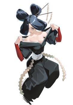 1girl absurdres bare_shoulders black_hair black_pants blue_eyes breasts cleavage closed_mouth collarbone commentary commission english_commentary full_body hair_ornament hair_rings hair_stick highres large_breasts original pants qederapawn white_background