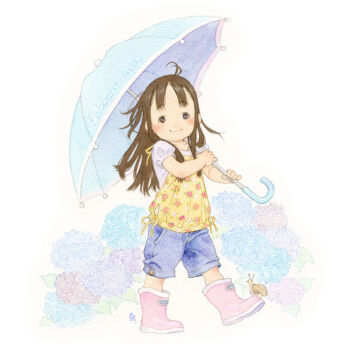 1girl archived_source blue_flower blue_shorts blue_umbrella blush boots brown_eyes brown_hair buttons chitose closed_mouth collarbone commentary dated_commentary denim denim_shorts english_commentary english_text floral_print_shirt flower full_body gold_buttons holding holding_umbrella leaf long_hair looking_at_viewer nostrils original painting_(medium) pale_color parted_lips pink_boots pink_flower pocket puffy_short_sleeves puffy_sleeves purple_flower rubber_boots shirt short_sleeves shorts signature simple_background small_face smile snail straight_hair tanaka_kunihiko traditional_media umbrella walking watercolor_(medium) white_background white_shirt yellow_shirt