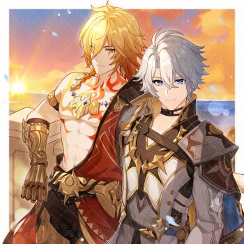 2boys abs absurdres antenna_hair arm_tattoo armlet armor black_choker black_coat black_pants black_shirt blonde_hair blue_eyes braid chest_tattoo chinese_commentary choker clawed_gauntlets coat commentary_request earrings facial_tattoo gold_earrings gold_necklace gradient_hair highres honkai:_star_rail honkai_(series) jewelry male_focus medium_hair multicolored_hair multiple_boys mydei_(honkai:_star_rail) neck_tattoo necklace open_clothes open_coat pants parted_bangs pauldrons phainon_(honkai:_star_rail) red_hair red_tattoo shirt short_hair shoulder_armor side_braid single_pauldron sun_symbol sun_tattoo tan tattoo toned toned_male watermark white_coat white_hair yanliangren yellow_eyes