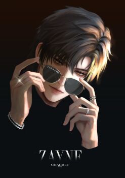 1boy black_shirt bracelet hands_up highres jewelry looking_over_eyewear love_and_deepspace male_focus ring shirt sunglasses yellow-framed_eyewear zakuro_ry zayne_(love_and_deepspace)