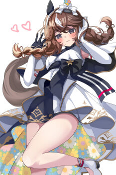 1girl animal_ears braid brown_eyes brown_hair commentary_request curren_bouquetd&#039;or_(umamusume) dress elbow_gloves gloves hair_between_eyes hair_ornament hairband hanamura_pink highres horse_ears horse_girl looking_at_viewer low_twin_braids ribbon shoes simple_background smile solo twin_braids umamusume white_background