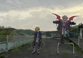 1boy 1girl absurdres black_jacket blonde_hair brown_hair cloud cloudy_sky commentary_request demon_girl demon_wings fence gatai_(gatatanobaba) highres hood hood_down hoodie jacket looking_at_another makaino_ririmu makaino_ririmu_(6th_costume) mountainous_horizon nijisanji official_alternate_costume open_clothes open_jacket outdoors pleated_skirt shoes short_hair sitting skirt sky sneakers two_side_up uzuki_kou uzuki_kou_(5th_costume) virtual_youtuber wide_shot wings