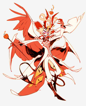 1boy absurdres angel angel_wings blonde_hair commentary_request demon_boy demon_horns formal_clothes hair_slicked_back hashtag-only_commentary hazbin_hotel hellaverse highres horns lucifer_morningstar_(hazbin_hotel) male_focus sharp_teeth slit_pupils solo suit teeth wings yuji_(fantasia)