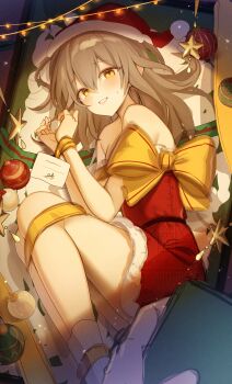 1girl absurdres blush bound bound_legs bound_wrists bow daji grey_hair hair_ornament hat highres honkai:_star_rail honkai_(series) ribbon santa_costume santa_hat solo stelle_(honkai:_star_rail) trailblazer_(honkai:_star_rail) yellow_bow yellow_eyes yellow_ribbon