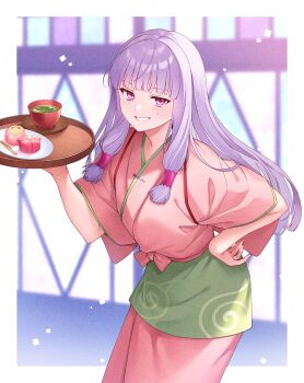 1girl absurdres agria_(waitress)_(tales) blush commission e_(eokiba) food freckles green_tea grin hair_rings hand_on_own_hip highres holding holding_tray japanese_clothes kimono long_hair low-tied_sidelocks nakai_(waitress) official_alternate_costume purple_eyes purple_kimono sidelocks smile solo tales_of_(series) tales_of_asteria tales_of_xillia tea tray white_hair window yukata