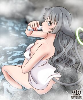 1girl animal_ears artist_name ass bottle breasts cat_ears cat_girl cat_tail commission commissioner_upload drinking dripping green_halo grey_eyes grey_hair halo highres hime_takamura long_hair milk milk_bottle naked_towel nipples onsen partially_submerged sexually_suggestive sitting small_breasts spilled_milk tail tail_halo towel wardrobe_malfunction water watermark wavy_hair