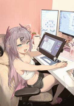 1girl absurdres bare_arms bare_shoulders black_nails black_shorts blue_eyes breasts brown_hair camisole chair crop_top crossed_legs demon_horns dolphin_shorts from_side highres holding holding_stylus horns indie_virtual_youtuber long_hair looking_at_viewer low_wings midori_fufu midori_fufu_(vtuber) midriff mole mole_on_breast mole_under_eye nail_polish navel open_mouth pointy_ears shirt short_shorts shorts sitting sleeveless sleeveless_shirt small_breasts smile solo spaghetti_strap stomach stylus swivel_chair tablet_pc thighs virtual_youtuber white_shirt wings
