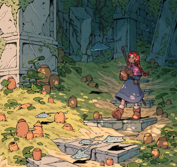 1girl animal ankle_boots belt_pouch black_eyes blue_dress boots braid breasts brown_boots brown_gloves capelet closed_mouth dappled_sunlight day dress film_grain fish flying_fish fur-trimmed_boots fur_trim gloves grass hair_flaps highres holding holding_vase leaf long_hair long_sleeves looking_up medium_breasts moss original outdoors overgrown parted_bangs path pink_capelet plant pouch red_hair road ruins scenery shade shadow sidelocks single_braid solo staff sunlight underpalewater vines walking weapon weapon_on_back wide_shot