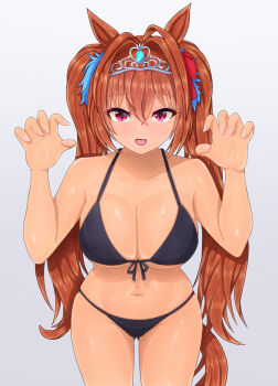 1girl absurdres alternate_costume animal_ears bikini black_bikini breasts claw_pose cleavage commentary_request cowboy_shot daiwa_scarlet_(umamusume) front-tie_bikini_top front-tie_top highres horse_ears horse_girl horse_tail large_breasts long_hair m172/minatsu open_mouth red_eyes red_hair simple_background smile solo swimsuit tail tiara twintails umamusume very_long_hair white_background